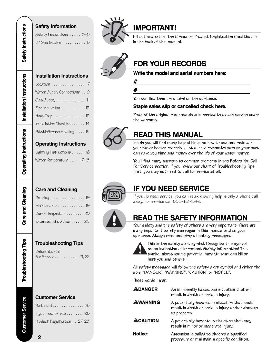 GE PG Series For Your Records, Read This Manual, If You Need Service, Read The Safety Information, Operating Instructions 