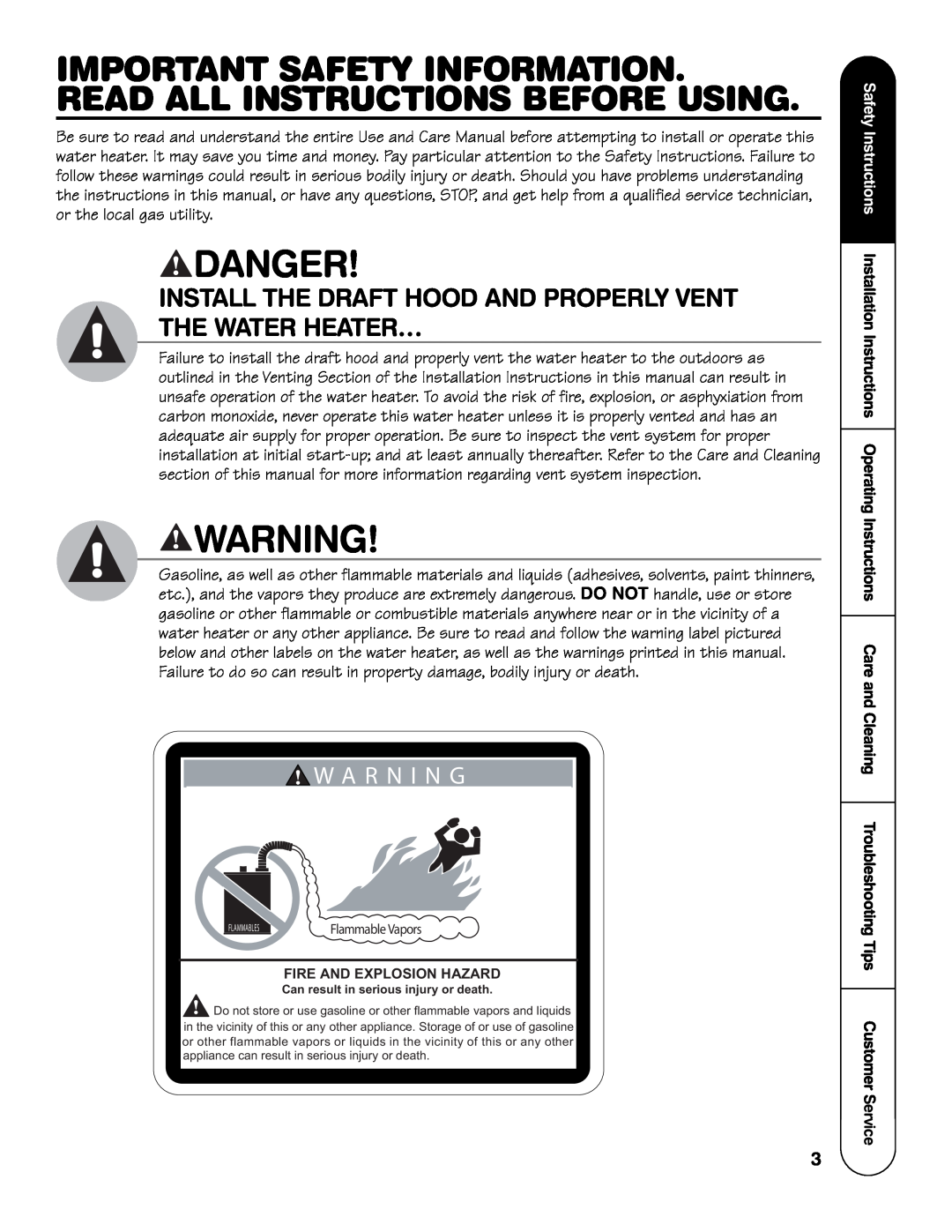 GE GP Series, SG Series, HG Series Danger, Important Safety Information. Read All Instructions Before Using, W A R N I N G 