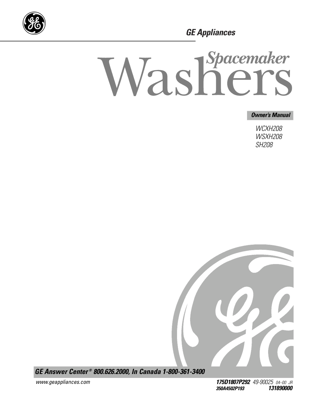 GE SH208 owner manual 175D1807P292 49-90025 04-00 JR, 350A4502P193131890000 