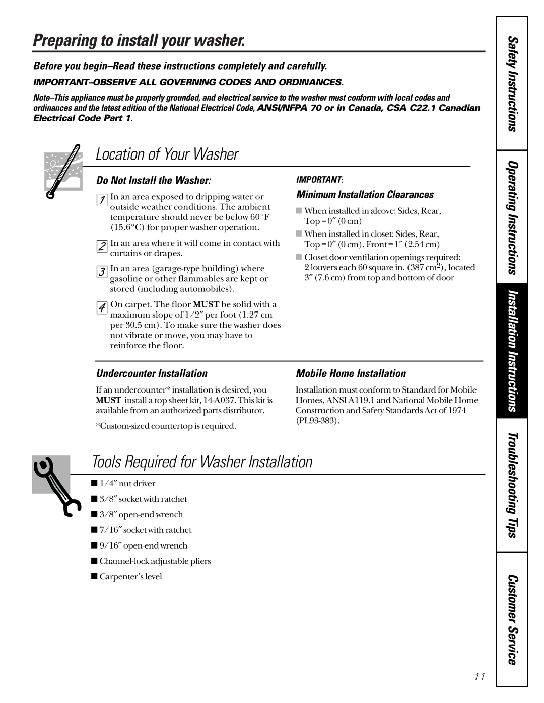 GE SH208 owner manual Preparing to install your washer, Location of Your Washer, Tools Required for Washer Installation 