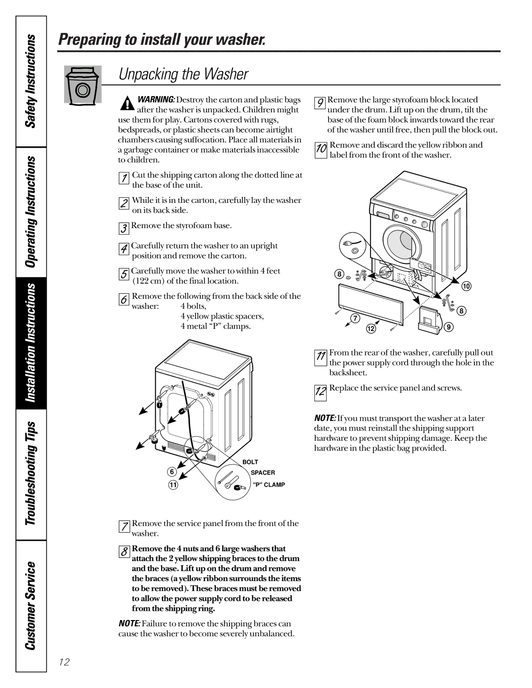 GE SH208 owner manual Unpacking the Washer, Instructions OperatingInstructions 