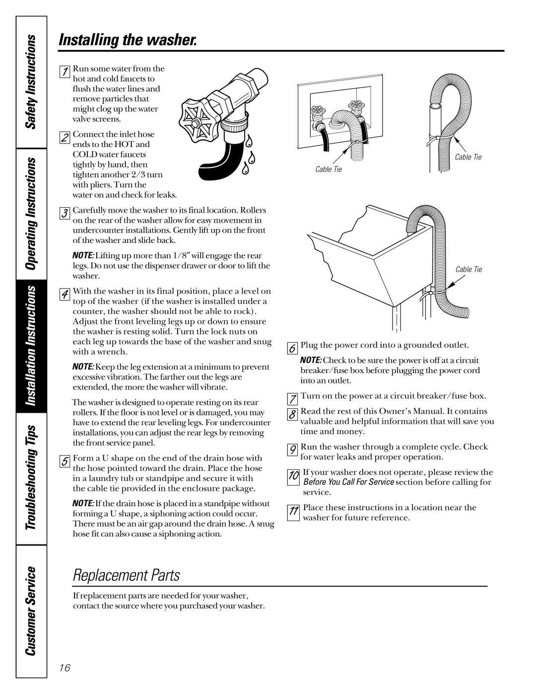 GE SH208 owner manual Installing the washer, Replacement Parts 