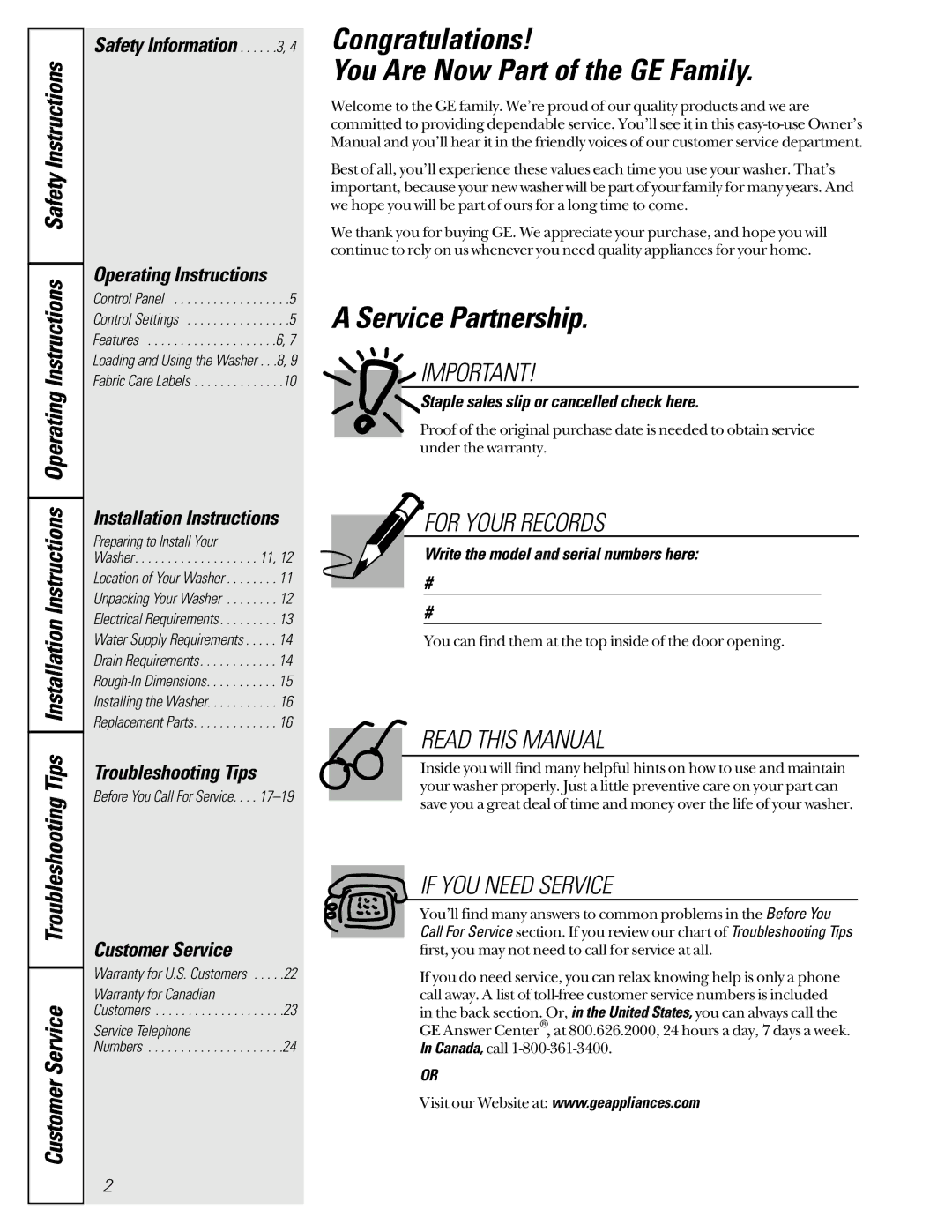 GE SH208 owner manual Congratulations You Are Now Part of the GE Family, Service Partnership, CustomerService 