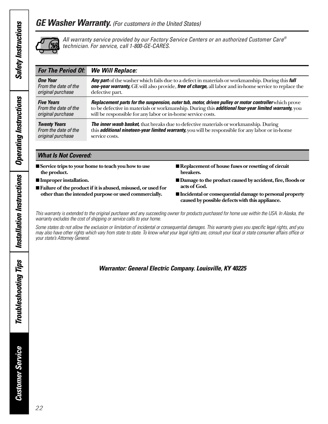 GE SH208 For The Period Of We Will Replace, What Is Not Covered, Warrantor General Electric Company. Louisville, KY 