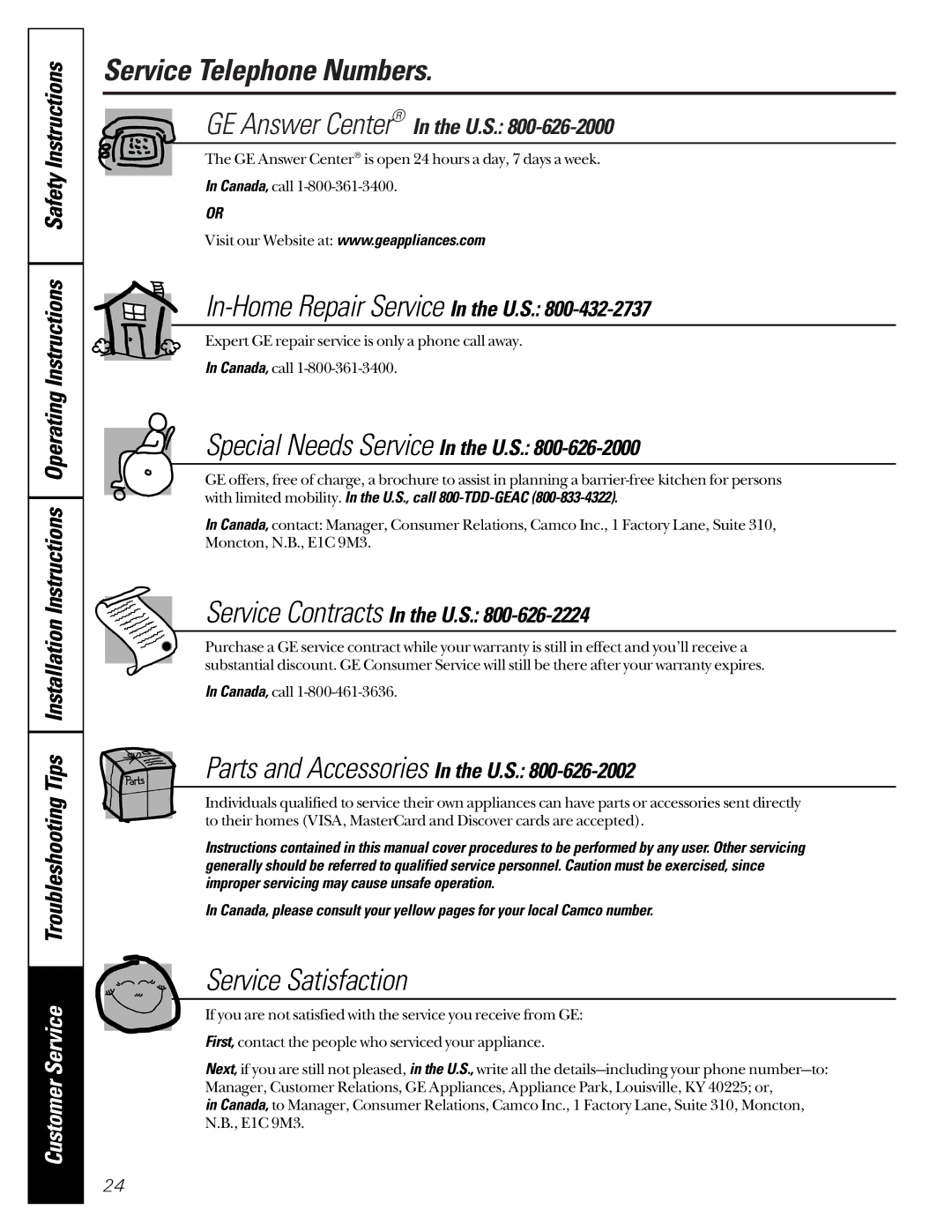 GE SH208 owner manual Service Telephone Numbers, Service Satisfaction 