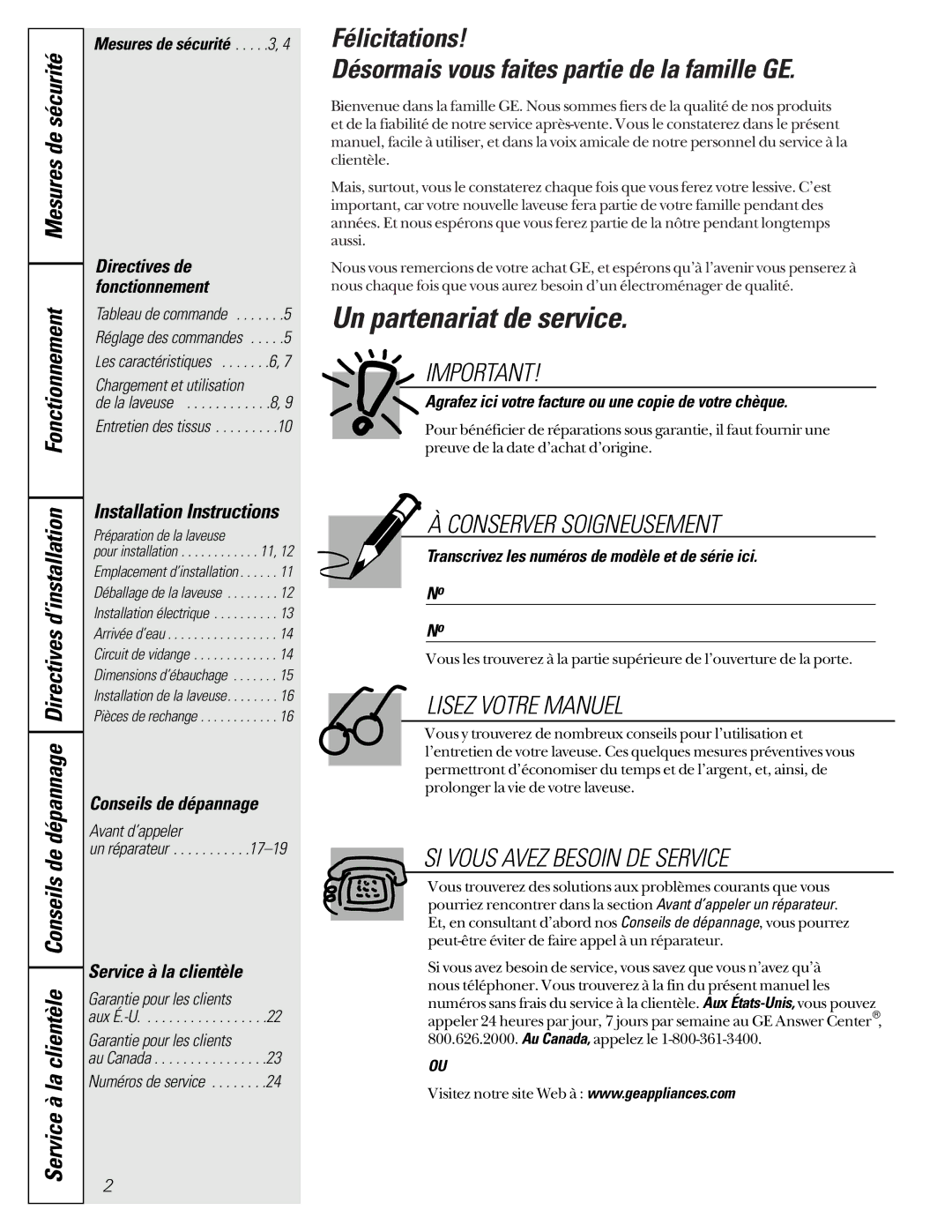 GE SH208 owner manual Un partenariat de service, Mesures de sécurité, Conseils de dépannage, Service à la clientèle 