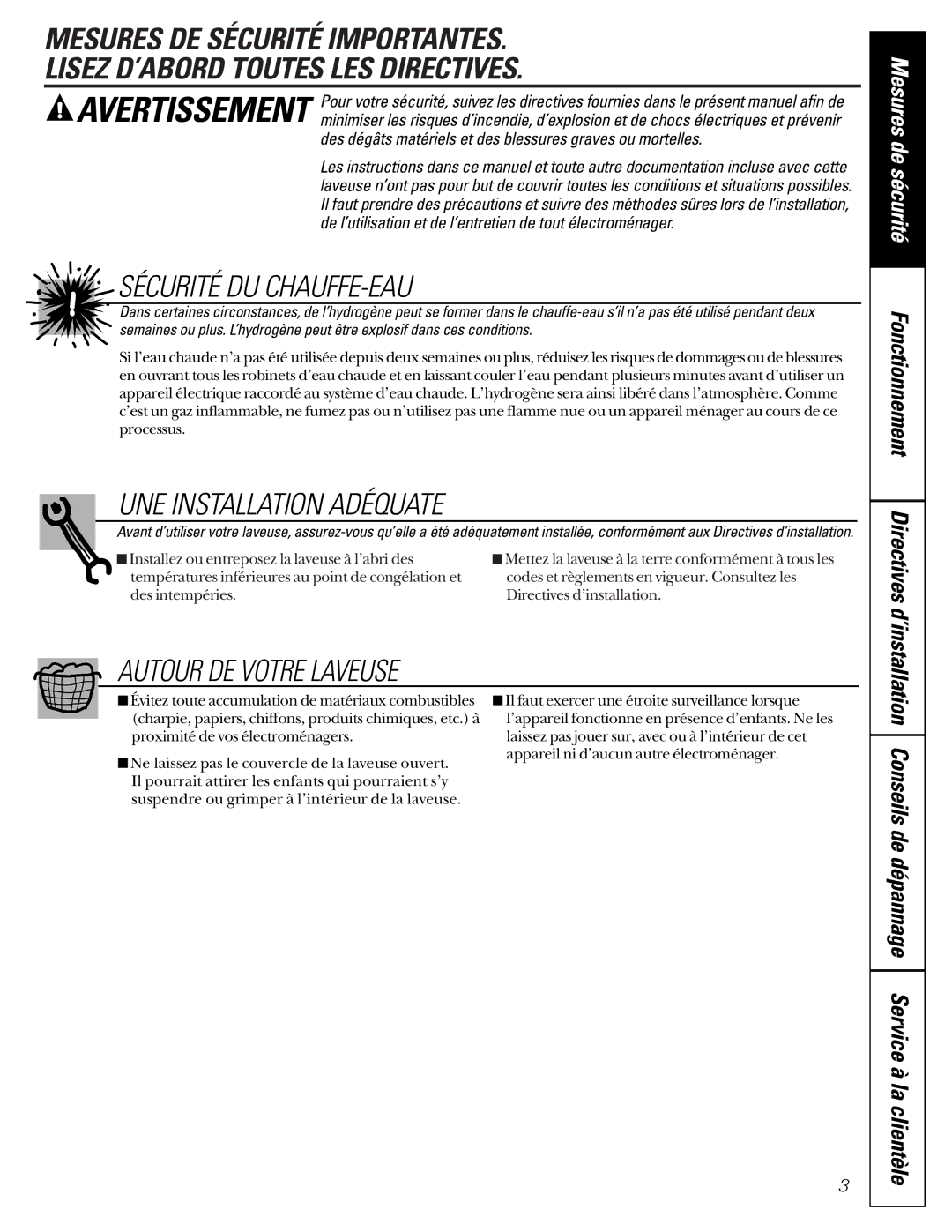 GE SH208 owner manual Sécurité DU CHAUFFE-EAU 