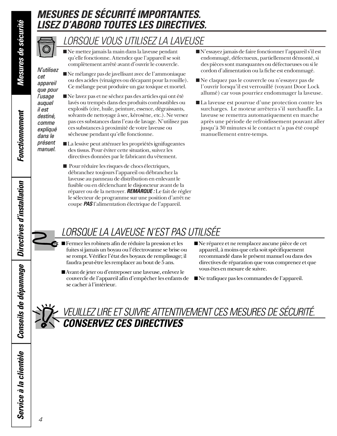 GE SH208 owner manual Lorsque Vous Utilisez LA Laveuse, ’installation Fonctionnement 