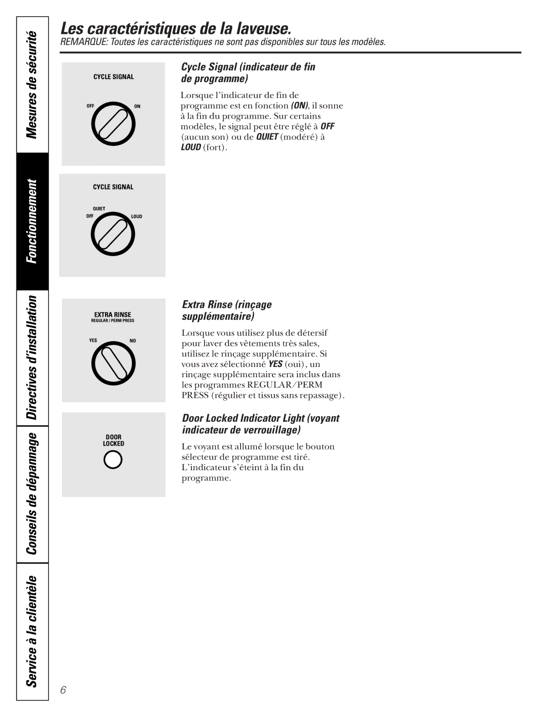 GE SH208 owner manual Les caractéristiques de la laveuse, Sécurité, Mesures de Directives d’installation Fonctionnement 