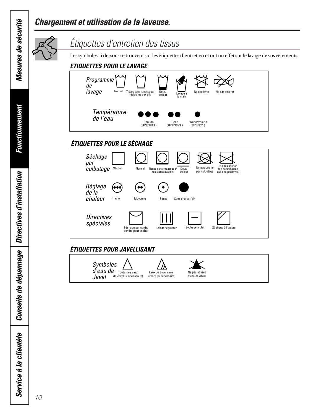 GE SH208 owner manual Étiquettes d’entretien des tissus, Étiquettes Pour LE Lavage 