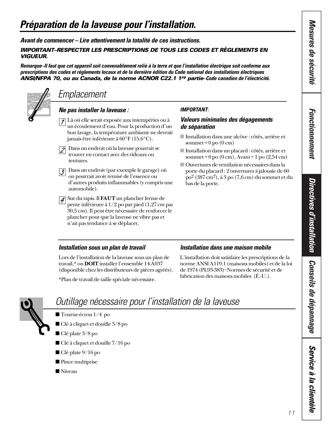 GE SH208 owner manual Préparation de la laveuse pour l’installation, Emplacement, Ne pas installer la laveuse 