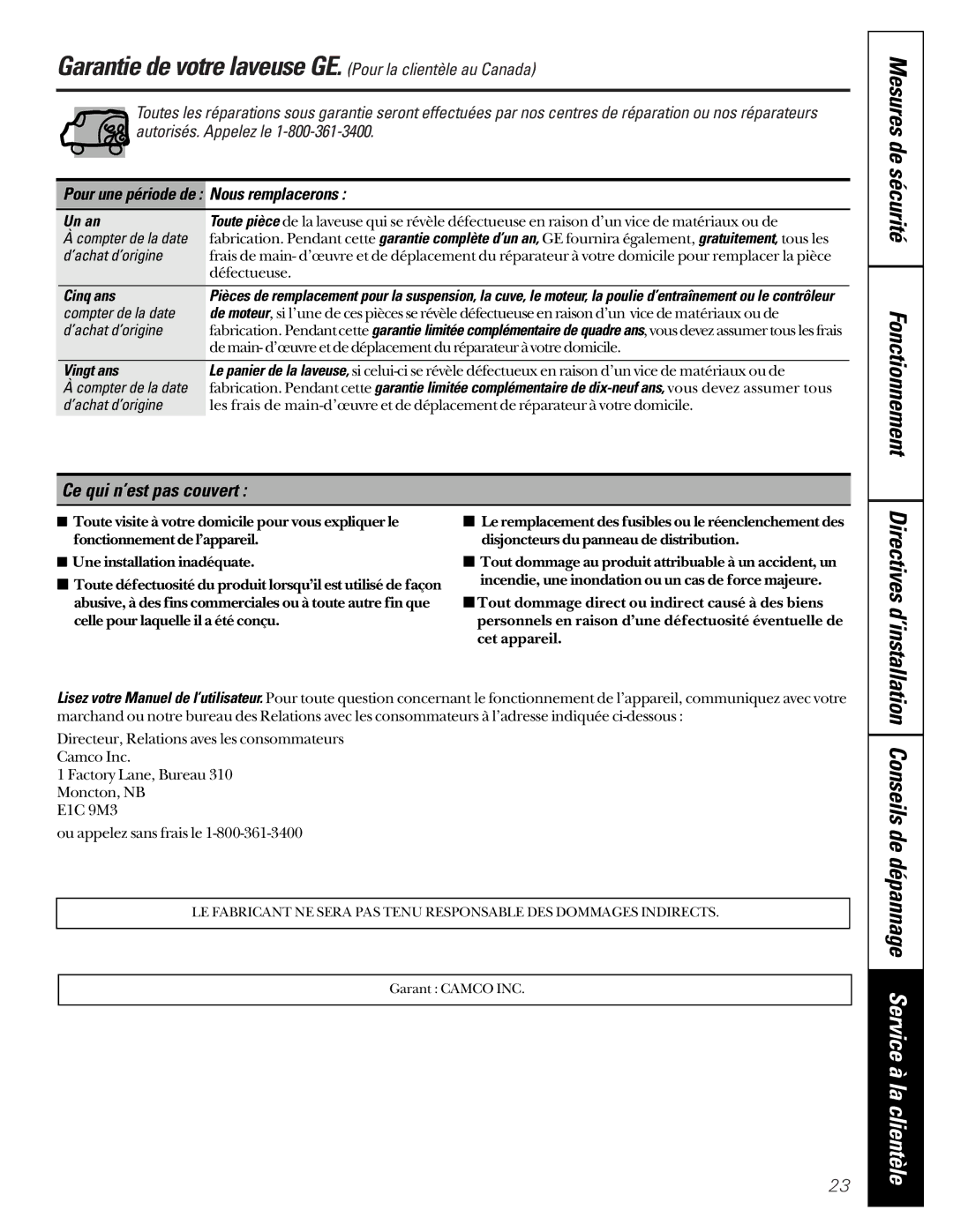 GE SH208 owner manual Garantie de votre laveuse GE. Pour la clientèle au Canada, Compter de la date 