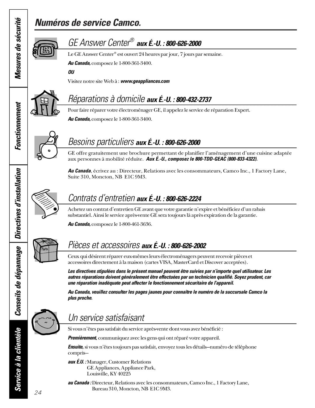 GE SH208 owner manual Numéros de service Camco, Un service satisfaisant 