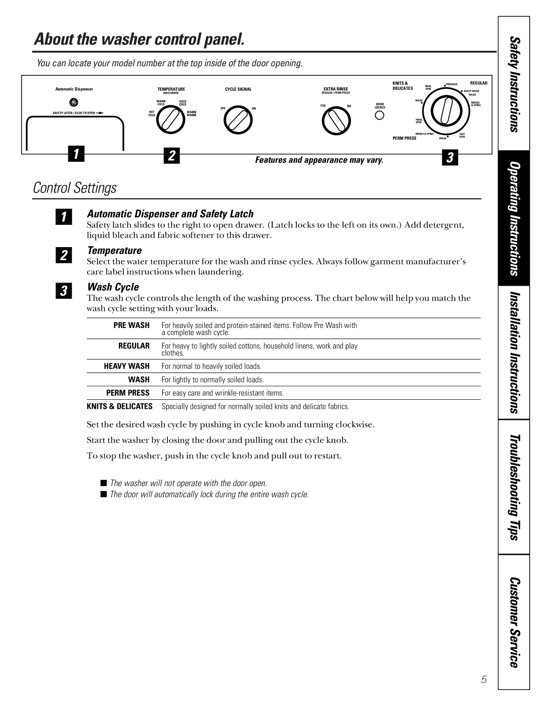 GE SH208 owner manual About the washer control panel, Automatic Dispenser and Safety Latch, Temperature, Wash Cycle 