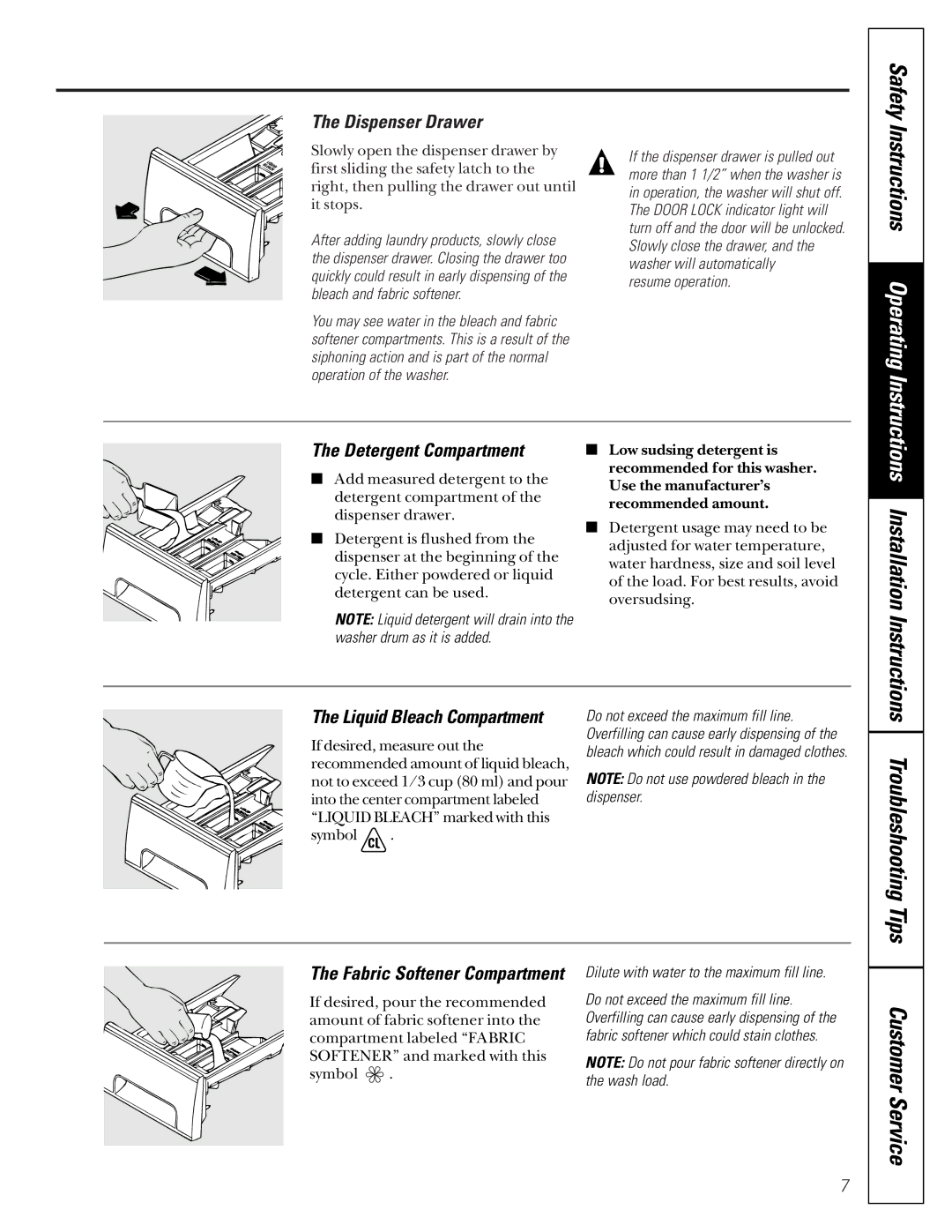 GE SH208 Safety, Dispenser Drawer, Detergent Compartment, Resume operation, Dilute with water to the maximum fill line 