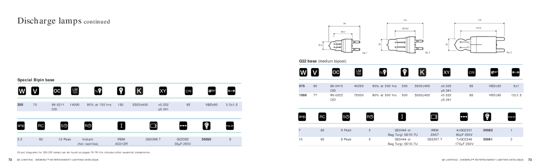 GE SHOWBIZ manual Special Bipin base, 30560, 30563, 30561 
