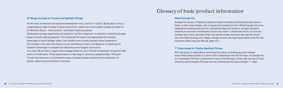 GE SHOWBIZ manual CP Range of Lamps for Fresnel and Spotlight Fittings, Rated Average Life 