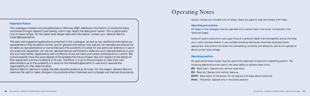 GE SHOWBIZ manual Operating precautions, Operating position 