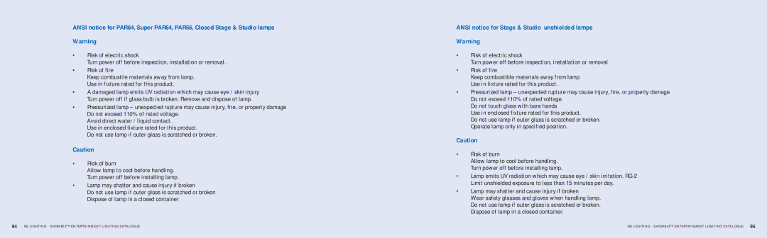 GE SHOWBIZ manual Lamp may shatter and cause injury if broken, Ansi notice for Stage & Studio unshielded lamps 