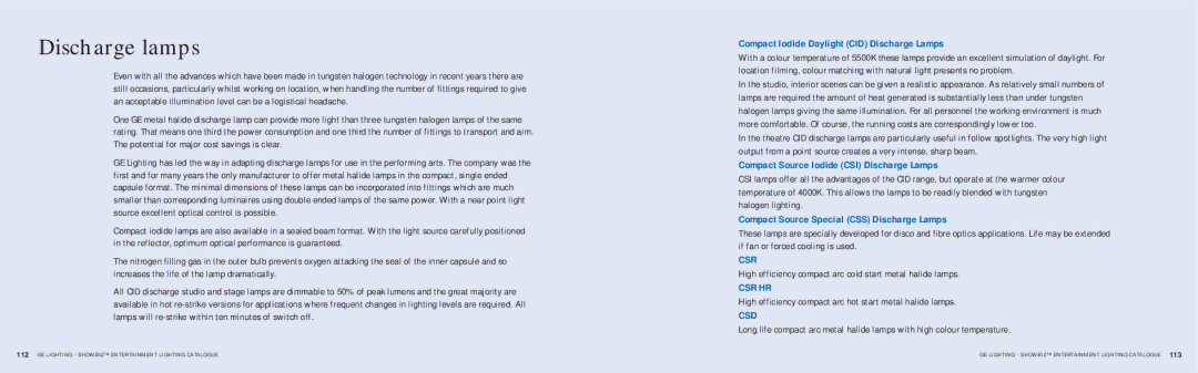 GE SHOWBIZ manual Compact Iodide Daylight CID Discharge Lamps, Compact Source Iodide CSI Discharge Lamps 