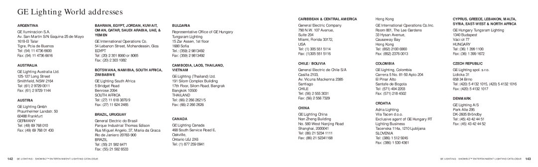 GE SHOWBIZ manual GE Lighting World addresses 