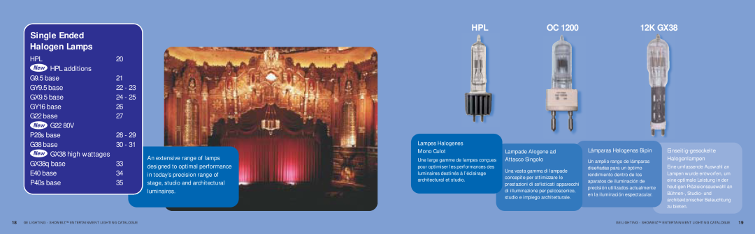 GE SHOWBIZ manual Single Ended Halogen Lamps, 12K GX38 