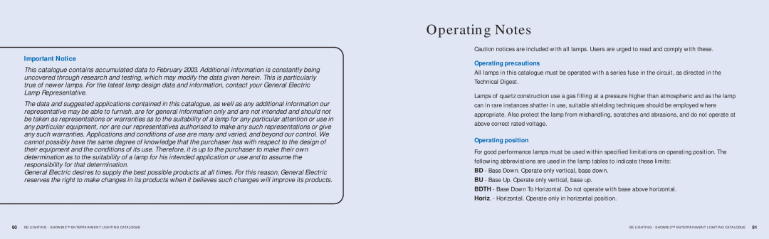 GE SHOWBIZ manual Operating Notes, Important Notice, Operating precautions, Operating position 
