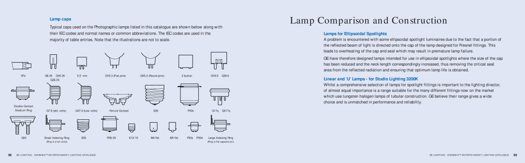 GE SHOWBIZ manual Lamp Comparison and Construction, Lamp caps, Lamps for Ellipsoidal Spotlights 