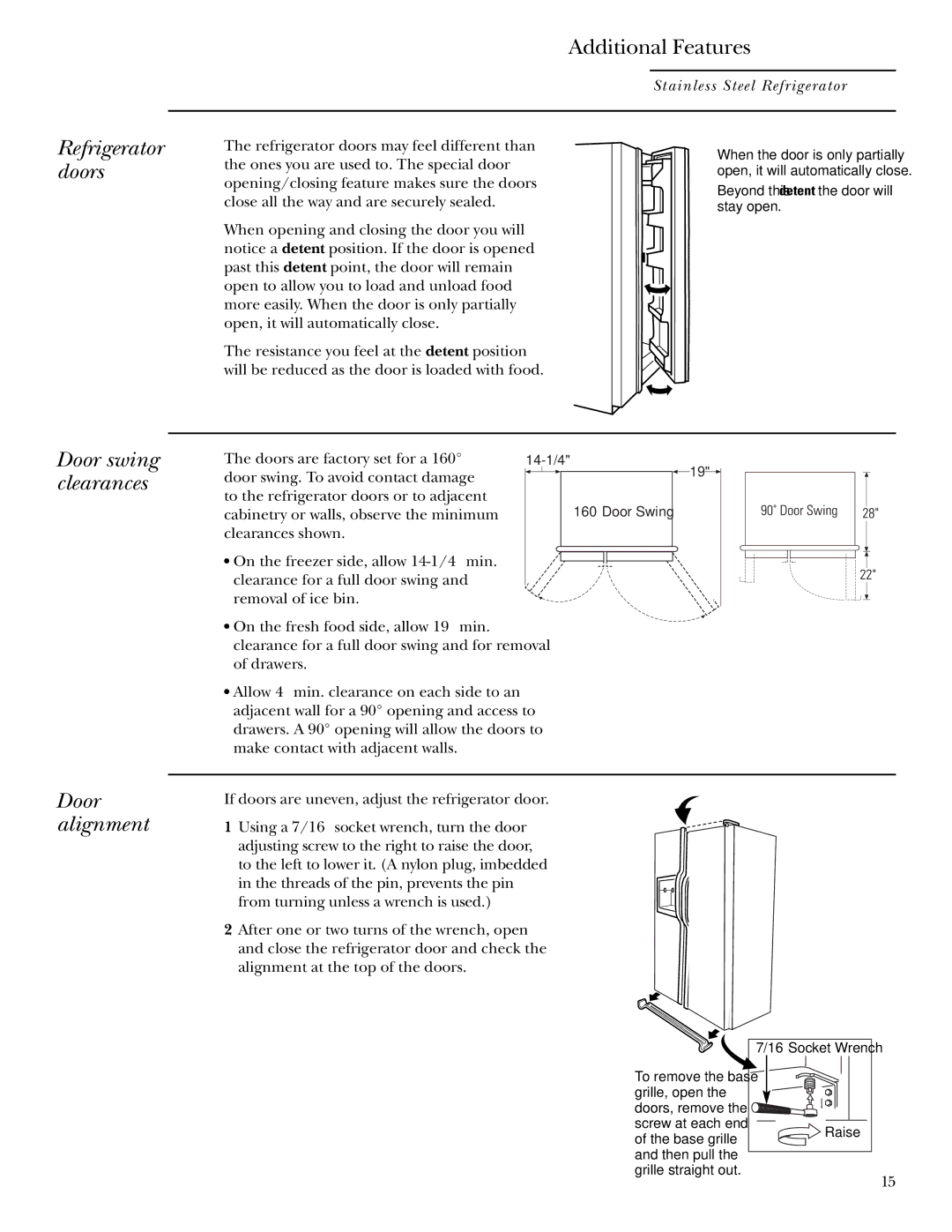 GE Side-by-Side Stainless Steel Free-Standing Refrigerators Refrigerator doors, Door swing clearances Door alignment 