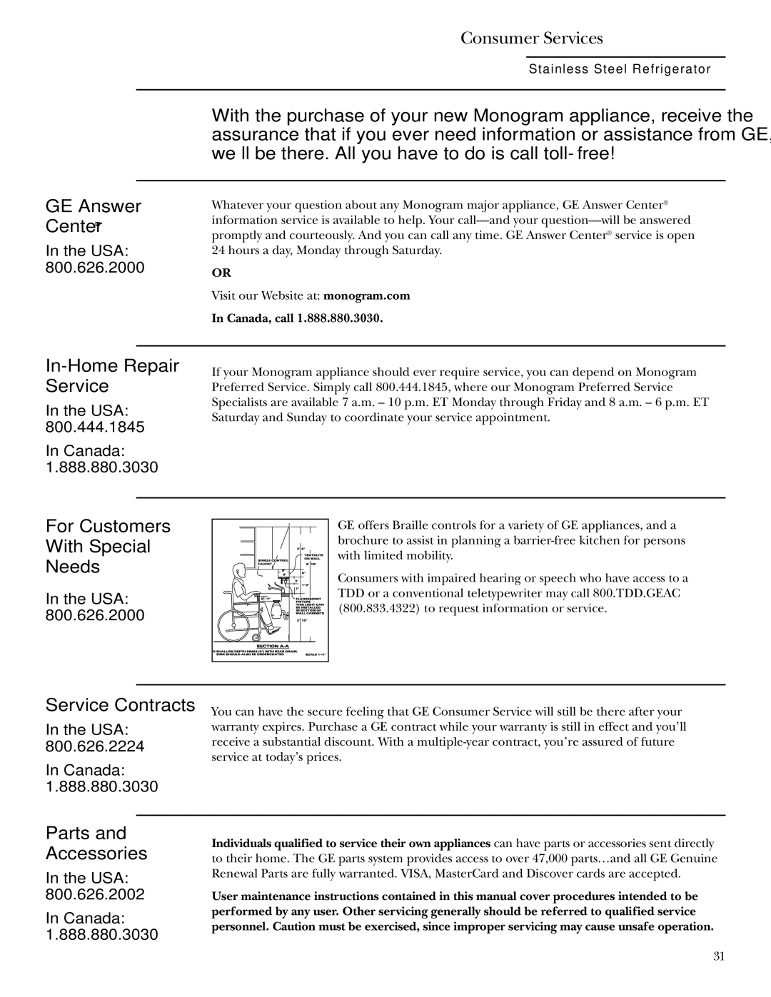 GE Side-by-Side Stainless Steel Free-Standing Refrigerators owner manual Consumer Services, Center 