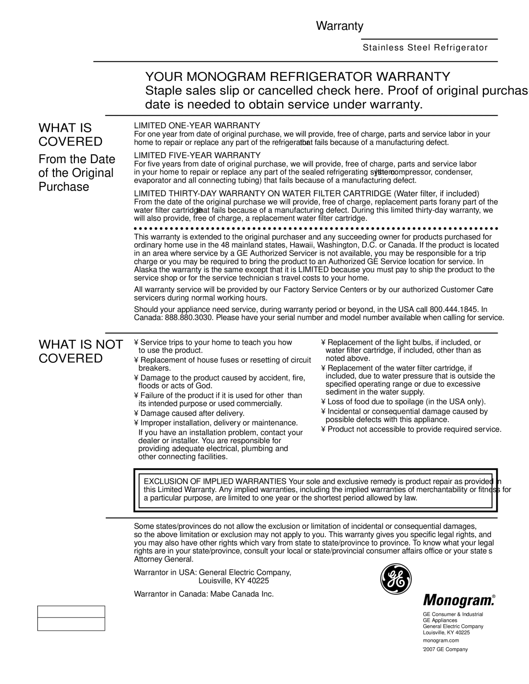 GE Side-by-Side Stainless Steel Free-Standing Refrigerators owner manual From the Date Original Purchase 