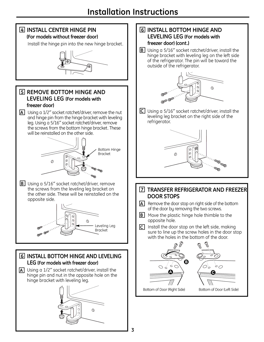 GE Single Door Refrigerator manual Install Center Hinge PIN, Transfer Refrigerator and Freezer Door Stops, Freezer door 