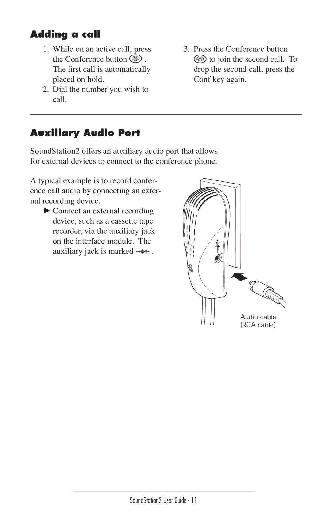 GE SoundStation2 manual Adding a call, Auxiliary Audio Port 