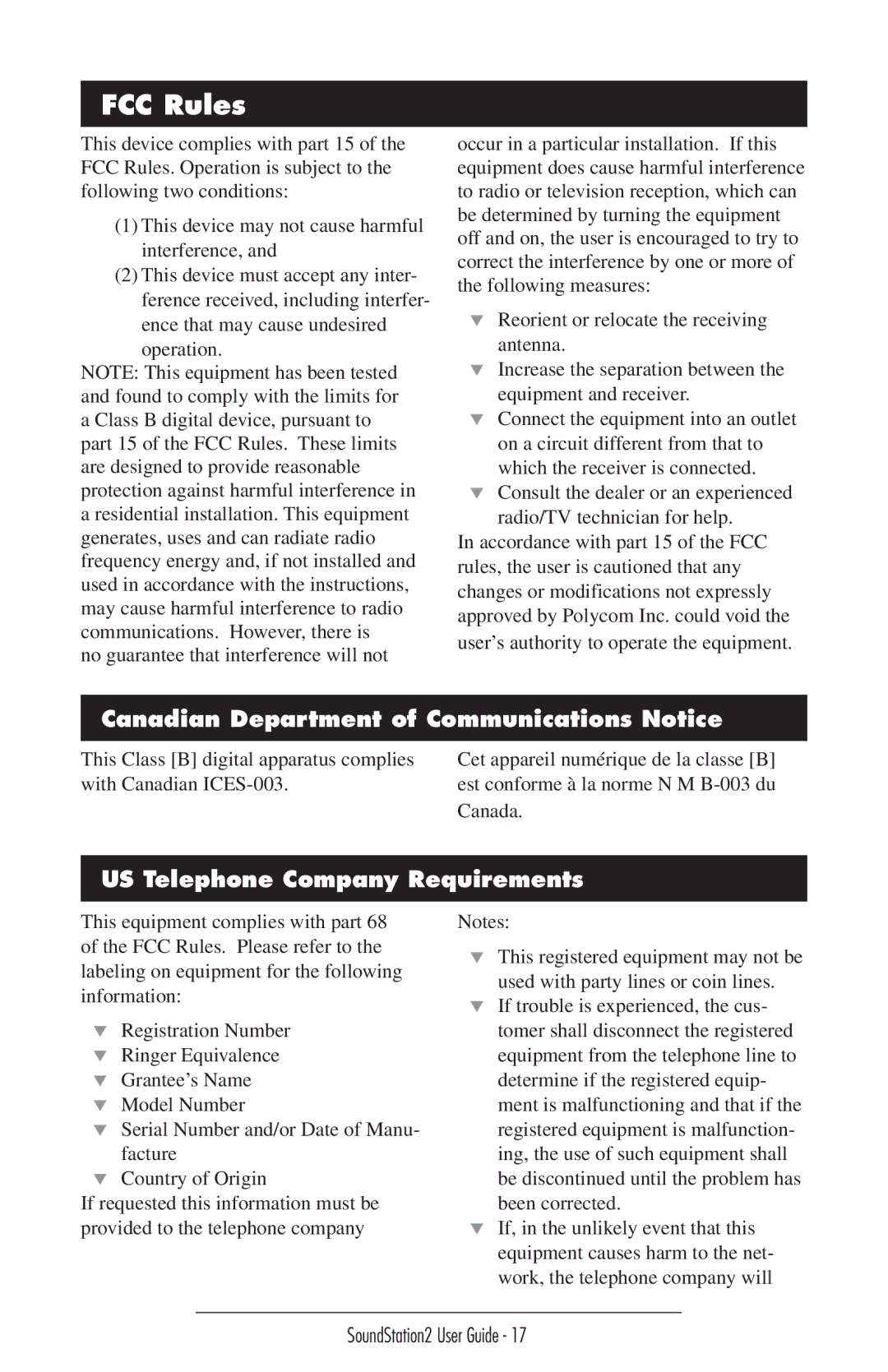 GE SoundStation2 manual FCC Rules, Canadian Department of Communications Notice, US Telephone Company Requirements 