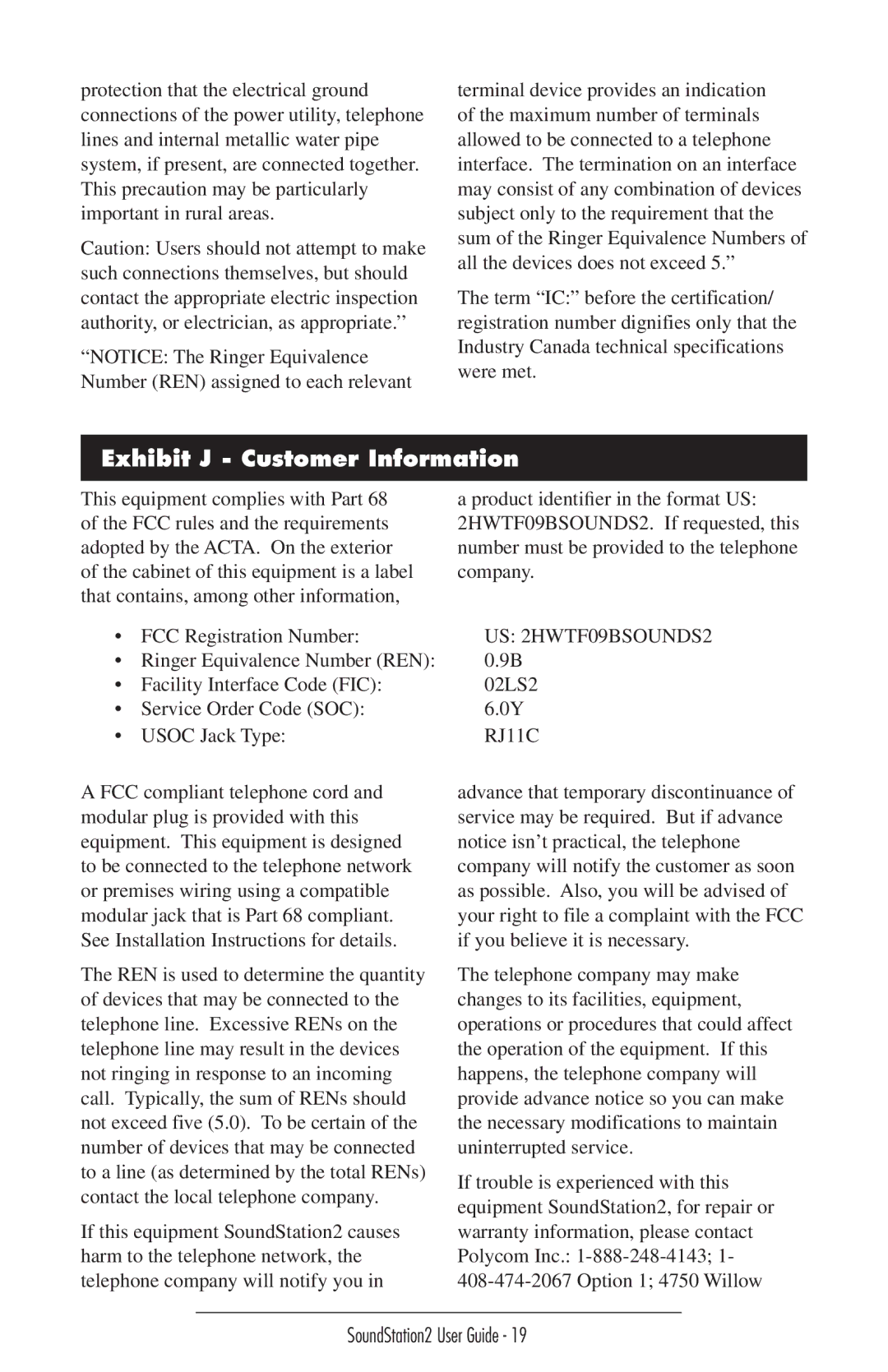 GE SoundStation2 manual Exhibit J Customer Information, US 2HWTF09BSOUNDS2 