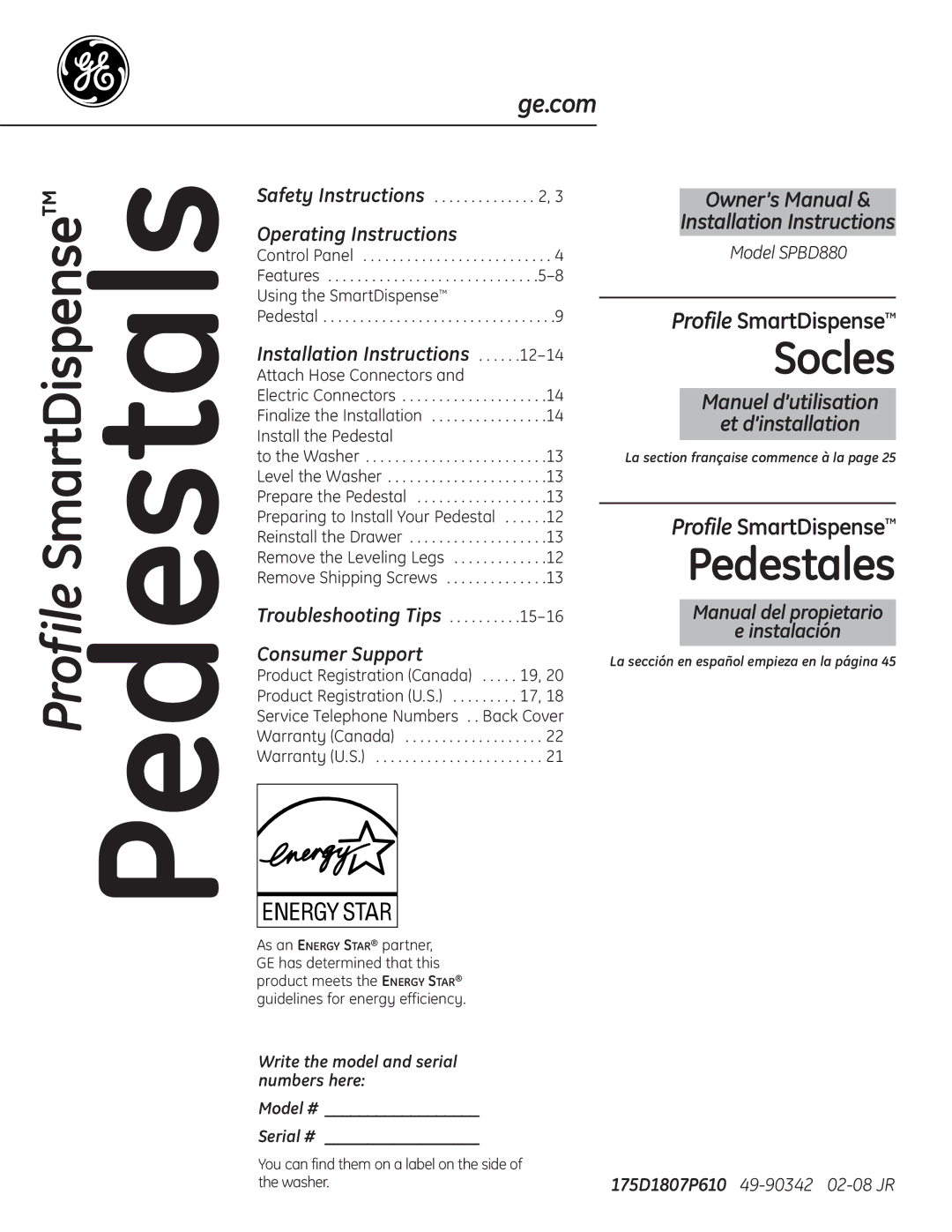 GE SPBD880 installation instructions Operating Instructions, Installation Instructions, Consumer Support 