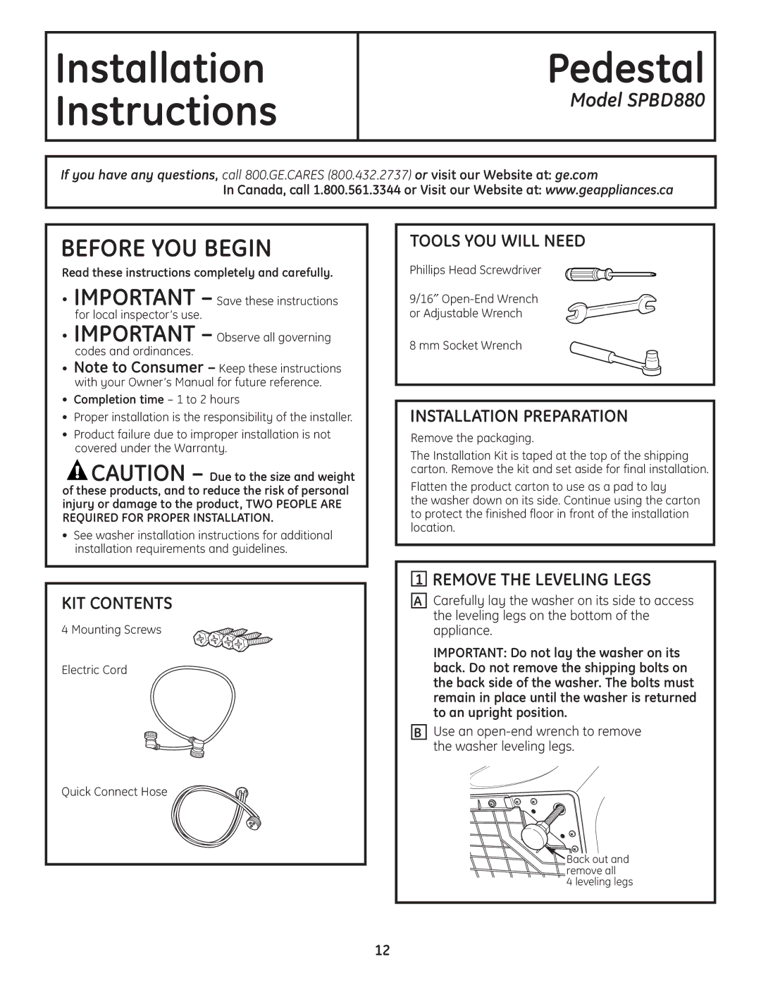 GE SPBD880 installation instructions Tools YOU will Need, Installation Preparation, KIT Contents, Remove the Leveling Legs 