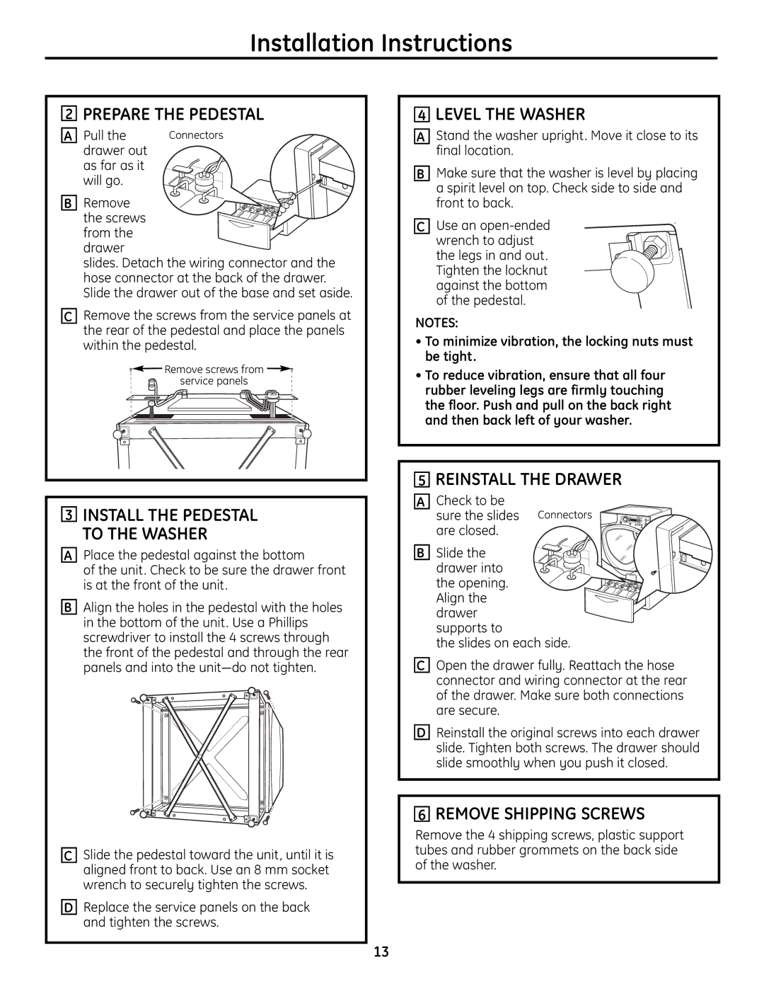 GE SPBD880 installation instructions Prepare the Pedestal, Level the Washer, Reinstall the Drawer, Remove Shipping Screws 