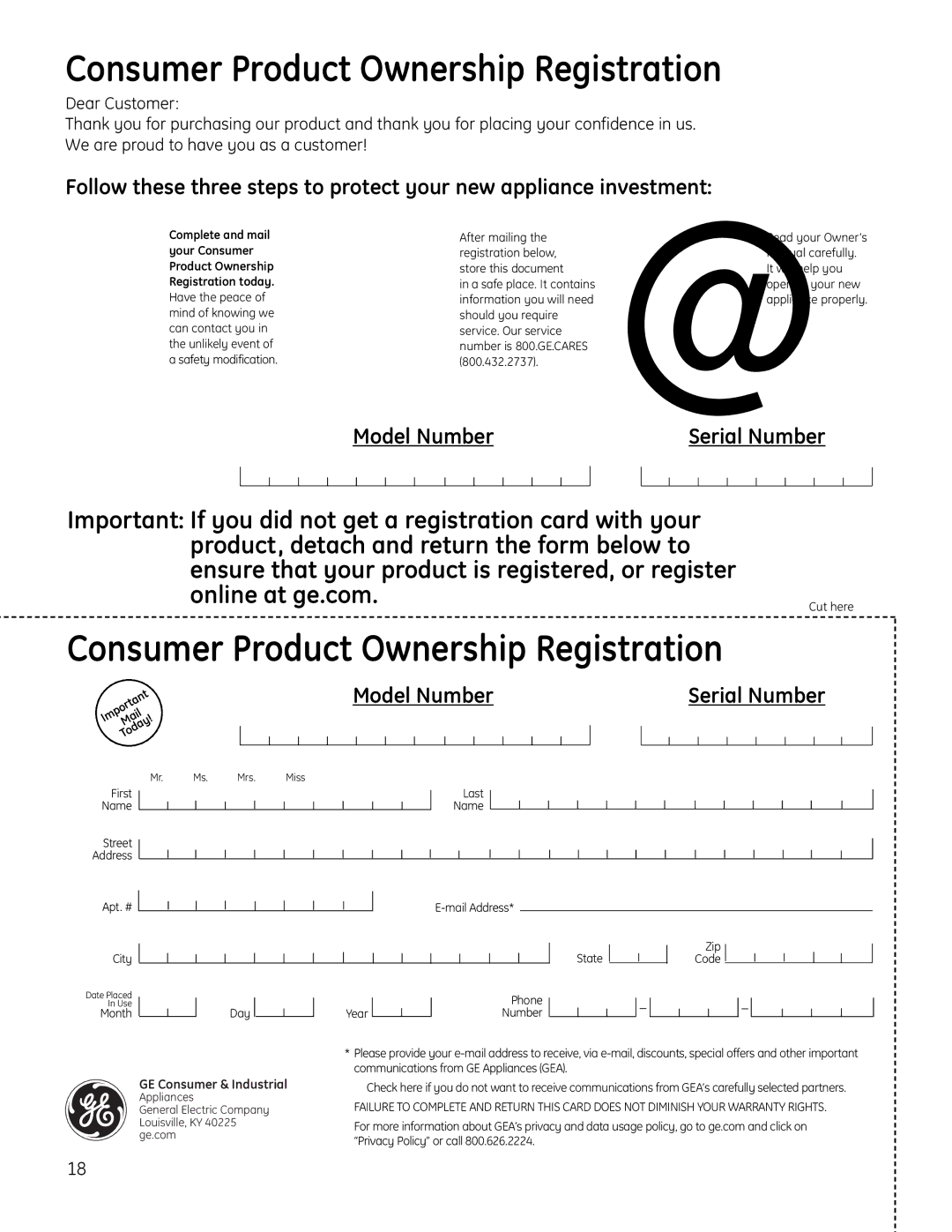 GE SPBD880 installation instructions Consumer Product Ownership Registration 