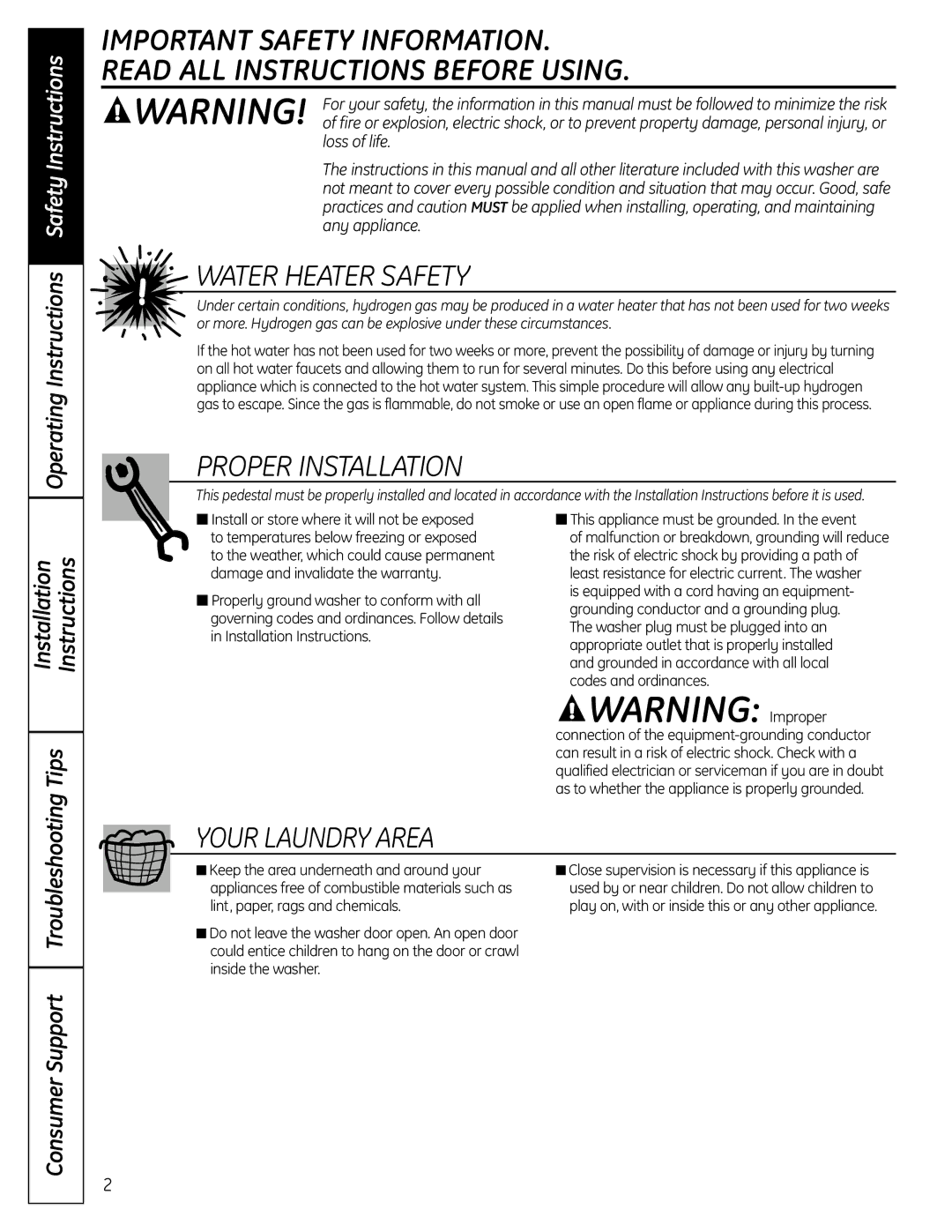 GE SPBD880 Operating Instructions Safety Instructions, Installation Instructions Tips, Lint, paper, rags and chemicals 