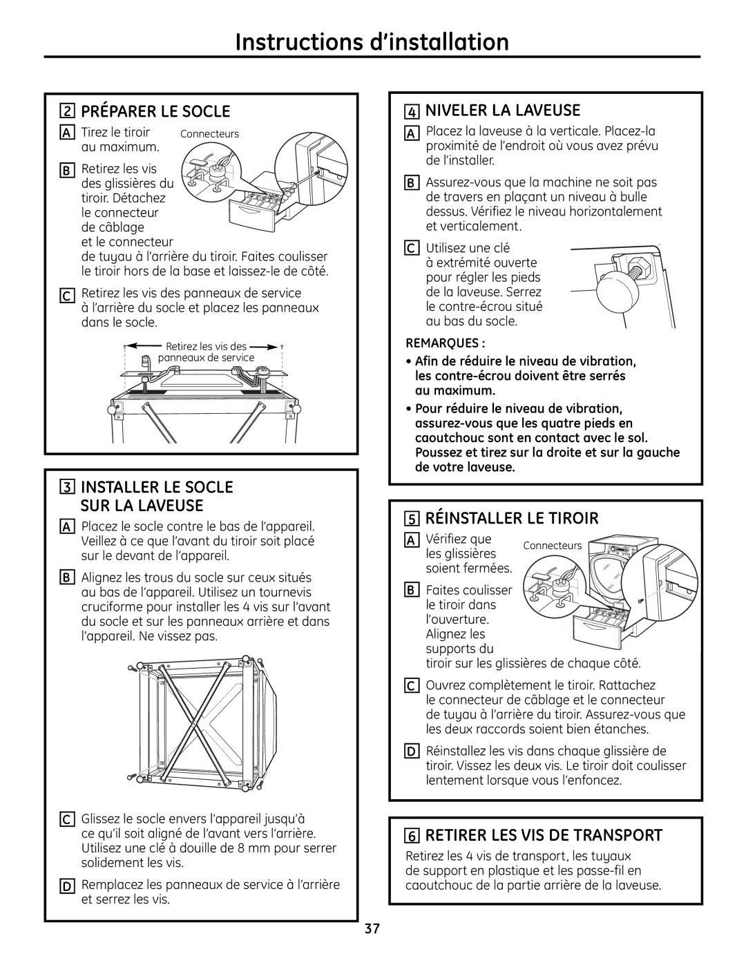 GE SPBD880 Préparer LE Socle, Niveler LA Laveuse, Réinstaller LE Tiroir, Retirer LES VIS DE Transport 