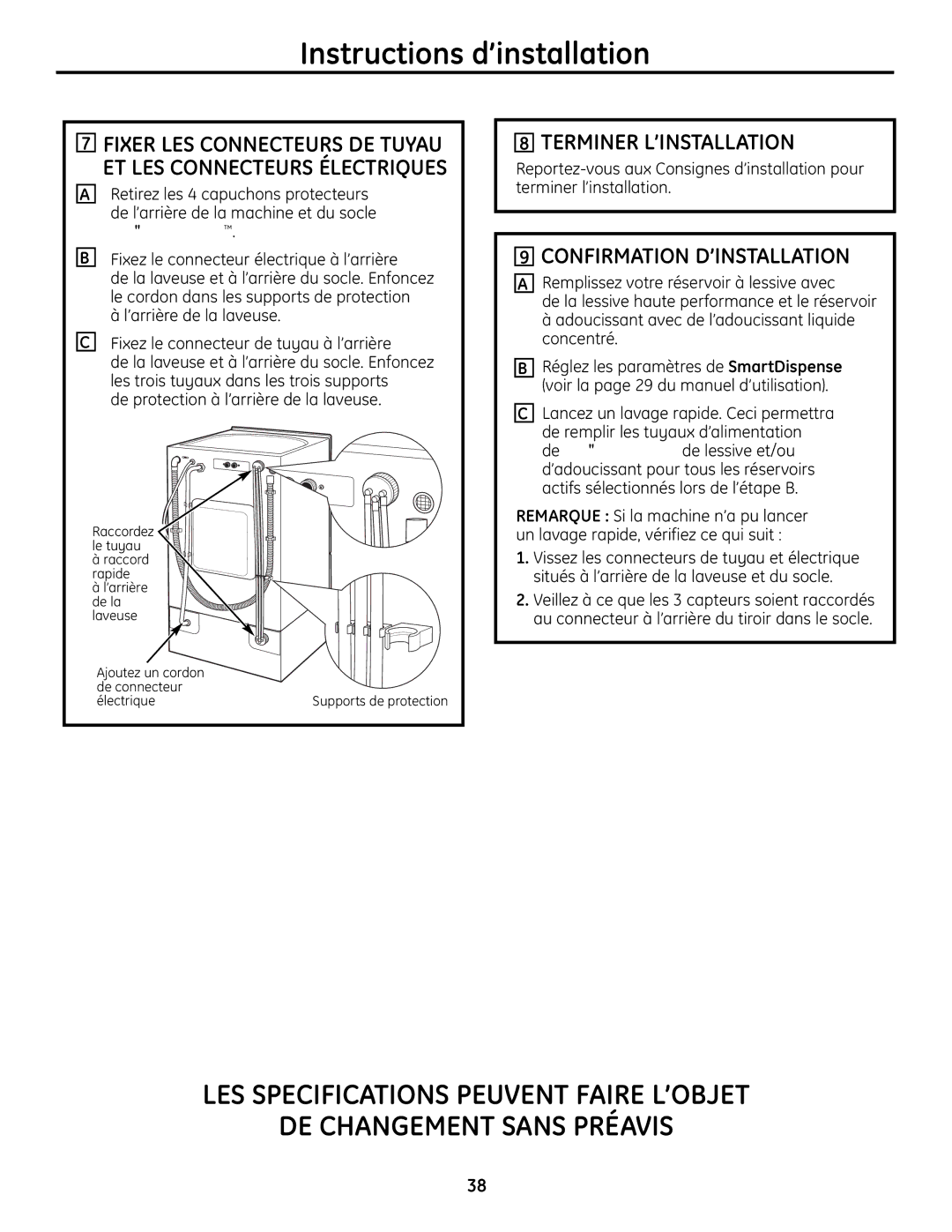 GE SPBD880 installation instructions Terminer L’INSTALLATION, Confirmation D’INSTALLATION 