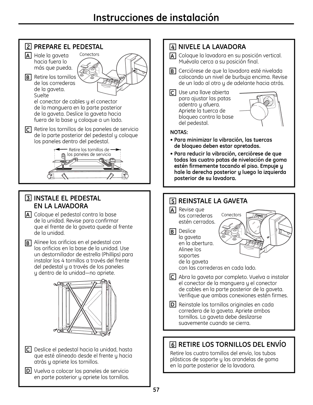 GE SPBD880 Prepare EL Pedestal, Nivele LA Lavadora, Reinstale LA Gaveta, Retire LOS Tornillos DEL Envío 