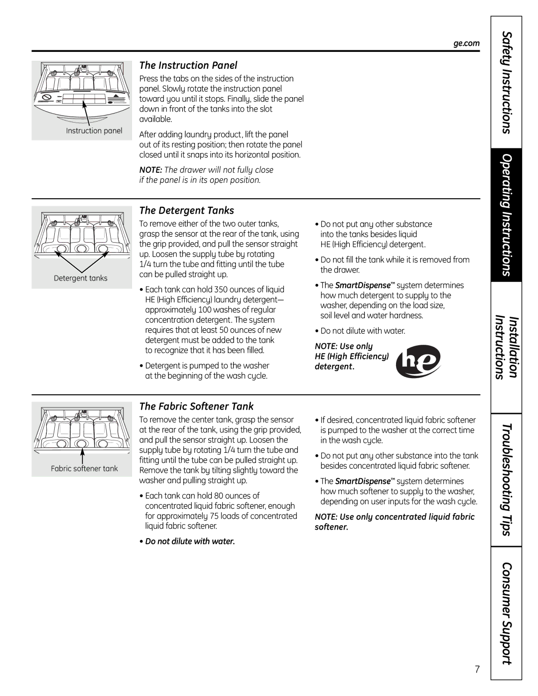 GE SPBD880 Instructions Installation, Instruction Panel, Detergent Tanks, Fabric Softener Tank, Do not dilute with water 