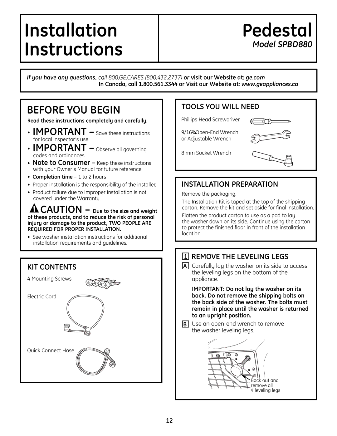 GE SPBD880 installation instructions Tools YOU will Need, Installation Preparation, KIT Contents, Remove the Leveling Legs 