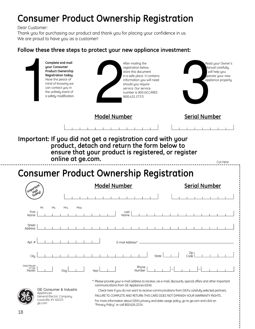 GE SPBD880 installation instructions Consumer Product Ownership Registration 