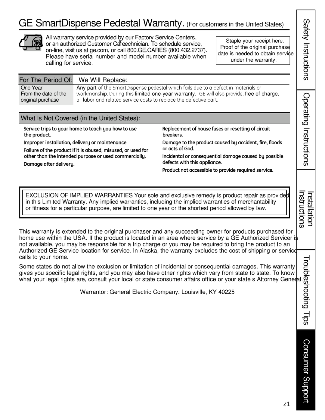 GE SPBD880 installation instructions Safety, For The Period Of We Will Replace, What Is Not Covered in the United States 