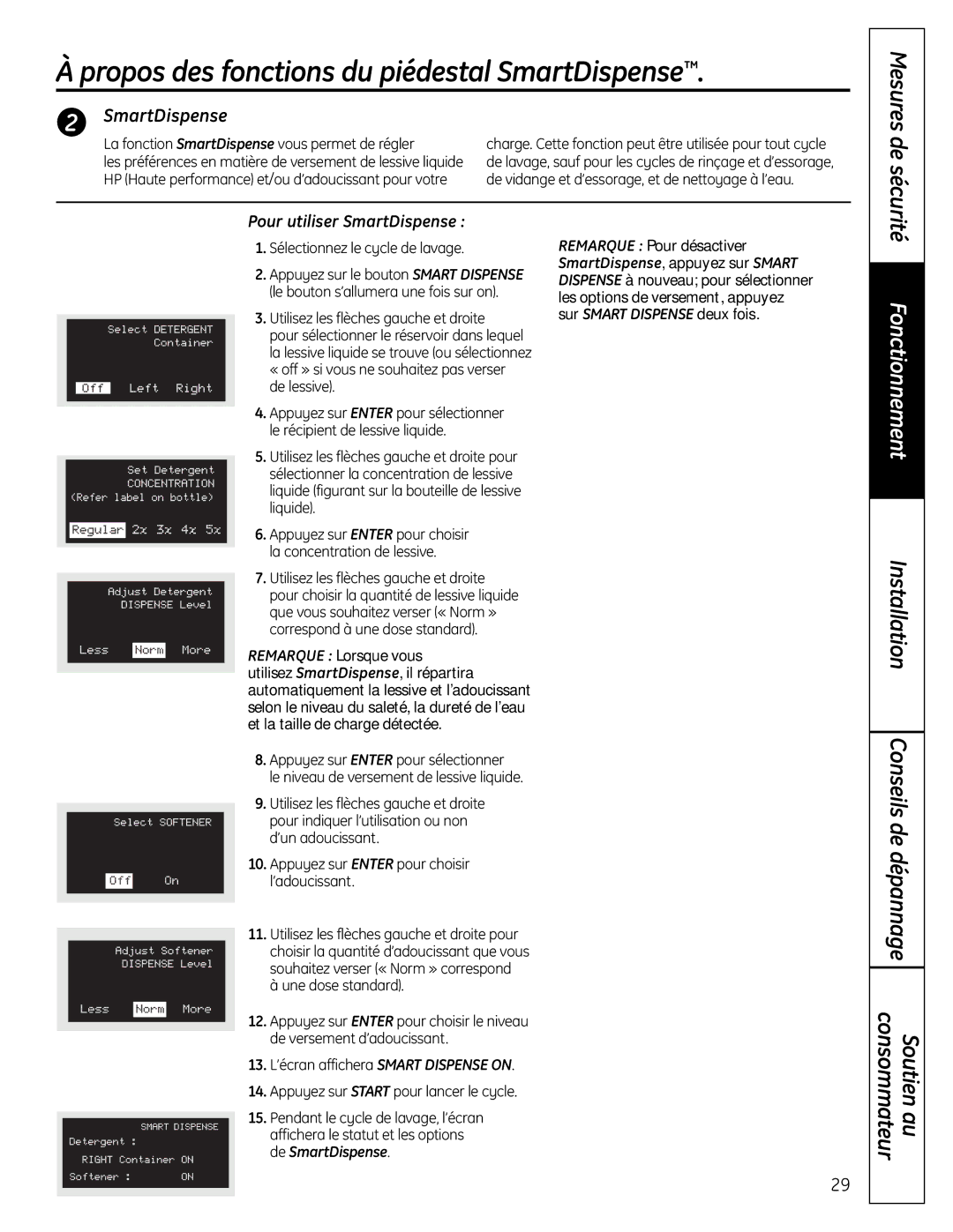 GE SPBD880 Propos des fonctions du piédestal SmartDispense, La fonction SmartDispense vous permet de régler, De lessive 