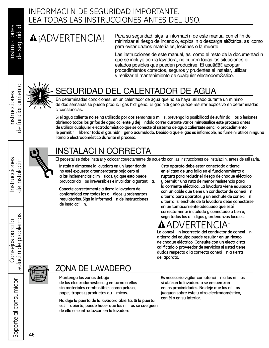 GE SPBD880 Consejos para la Solución de problemas, Soporte al consumidor, Mantenga las zonas debajo 