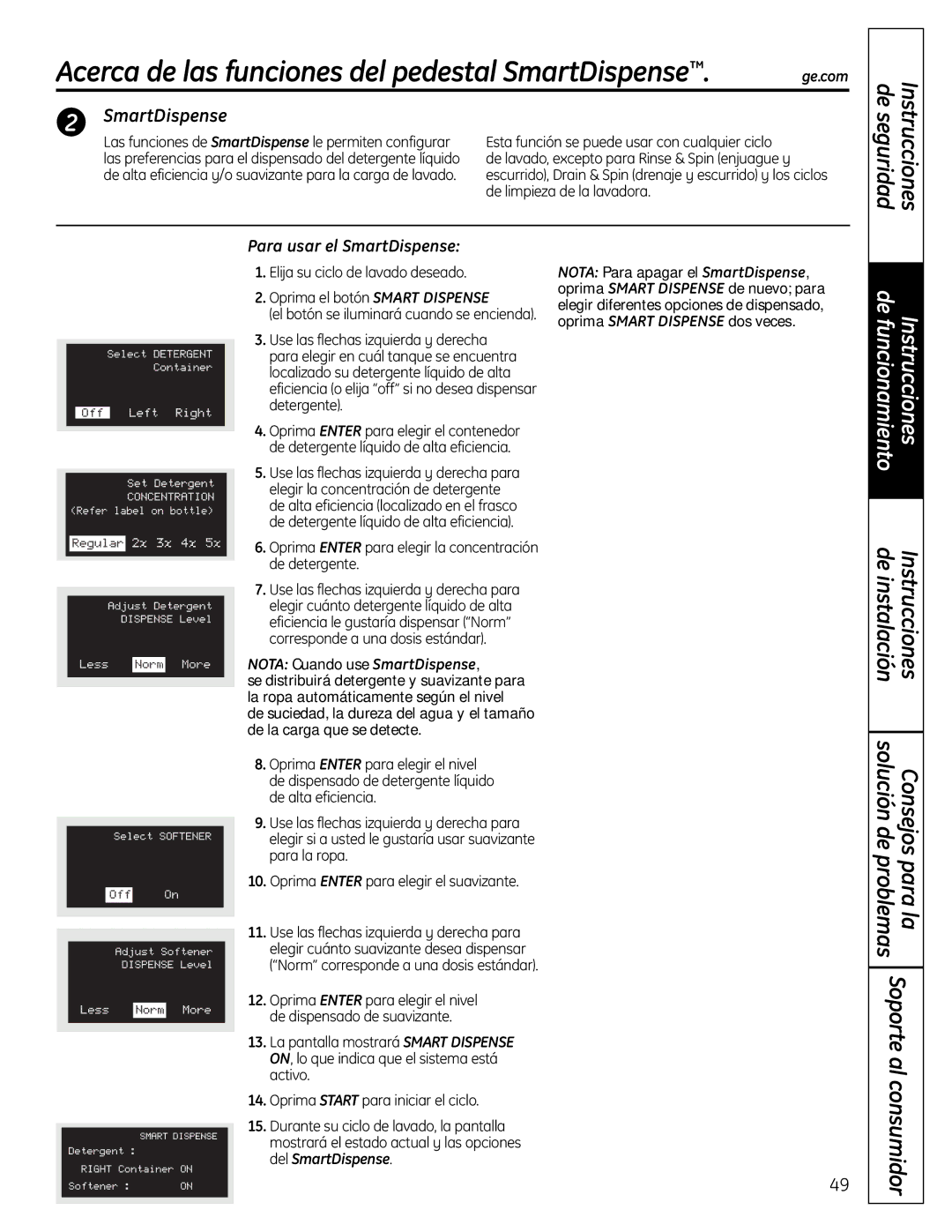 GE SPBD880 Acerca de las funciones del pedestal SmartDispense, De seguridad Instrucciones, Nota Cuando use SmartDispense 